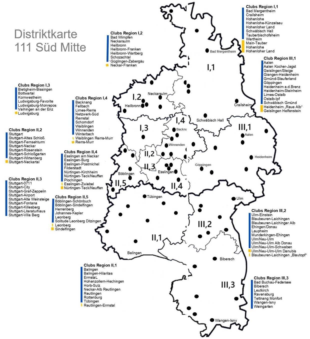 Distriktkarte mit der Darstellung der Clubs