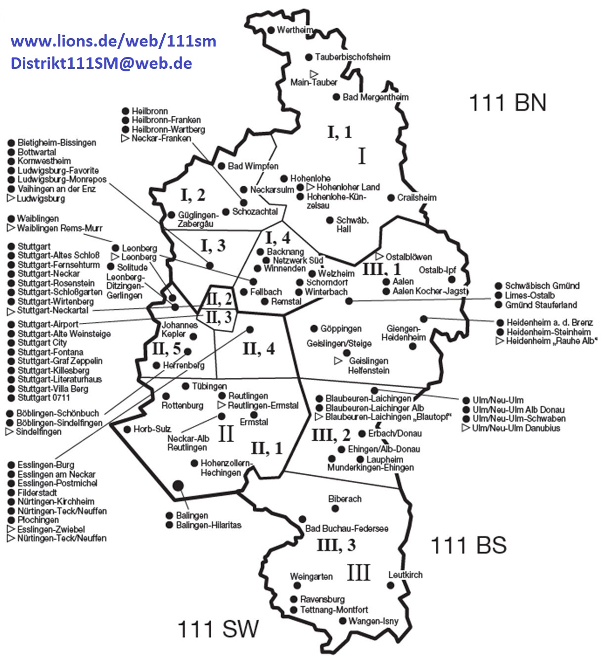 Distriktkarte mit der Darstellung der Clubs